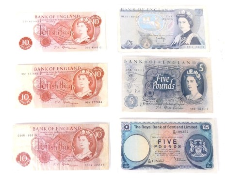 Various banknotes, ten shilling Fforde, 98Y, another 33U, a blue five pound note Fforde, R93, Duke of Wellington, BR10, Scotland five pound, A/48108352. (a quantity)