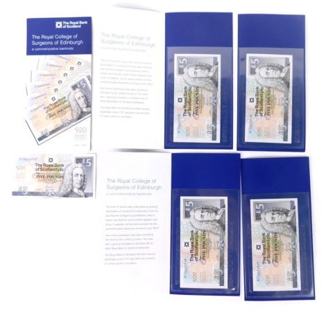 Various banknotes, Royal Bank of Scotland 500 years Royal College of Surgeons five pound note, in card packaging. (5)