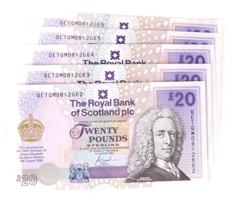 Various banknotes, five Royal Bank of Scotland twenty pound Queen Elizabeth The Queen Mother 100th Birthday commemorative, loose. (5)