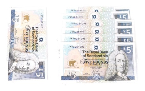 Various banknotes, Royal Bank of Scotland, Jack Nicklaus five pound notes JWN0254100, uncirculated loose. (8)