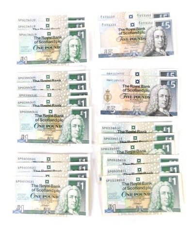 Various banknotes, Royal Bank of Scotland Royal and Ancient commemorative Tom Morris five pound notes (2), various others and a Scottish Parliament pound note, SP0176518, etc. (a quantity)