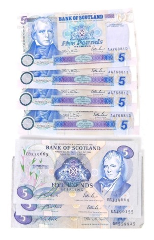 Various banknotes, Royal Bank of Scotland five pound notes, Bunt Three Hundred years of service in the community 1695-1995 and others. (a quantity)