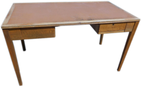 A 1950/60's utility MOD oak writing table, with a brown leather inset above an arrangement of drawers, on square tapering legs, 137cm high.