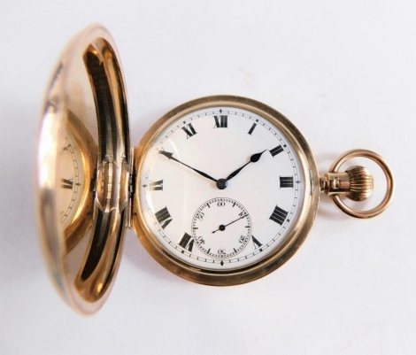 A 9ct gold hunter pocket watch, the 4cm Roman numeric dial with a subsidiary Arabic second hand, in a plain case, dated London 1920, the hand wind movement marked SYREN SWISS MADE, the case numbered 19935, 6cm high, 101g all in.