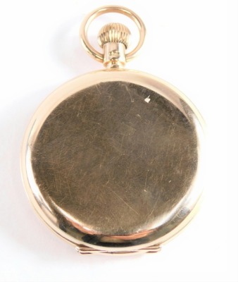 A 9ct gold hunter pocket watch, the 4cm Roman numeric dial with a subsidiary Arabic second hand, in a plain case, dated London 1920, the hand wind movement marked SYREN SWISS MADE, the case numbered 19935, 6cm high, 101g all in. - 2