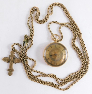 An early 20thC fob watch, the engine turned and chased case marked 18, heavily decorated with scrolls and flowers, the 4cm diameter Roman numeric dial centred by flowers, 40.8g all in, attached to a longuard chain, with cross pendant.