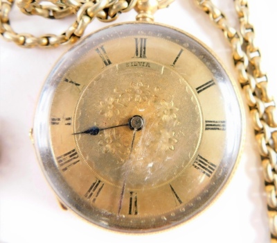 An early 20thC fob watch, the engine turned and chased case marked 18, heavily decorated with scrolls and flowers, the 4cm diameter Roman numeric dial centred by flowers, 40.8g all in, attached to a longuard chain, with cross pendant. - 2