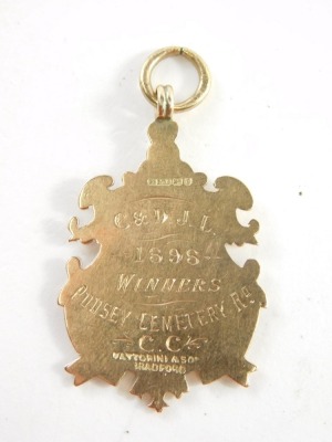 A Victorian 9ct gold fob, with scroll outline, centred by a shield, marked verso C & D J L 1898 Winners Pudsey Cemetery Rd C. C., 5cm high, 8g. - 4