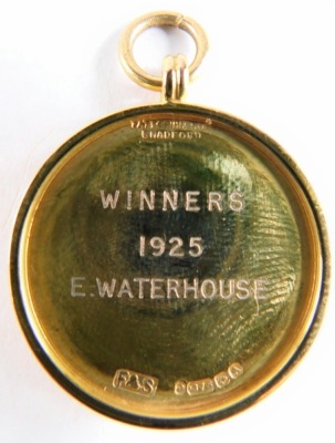 A 9ct gold and enamel cricket medal, centred with a shield and raised W. R. W. Cricket Council John Hoyle Cup, and verso WINNERS 1925 E. HOYLE, 4cm high, 6.9g all in. (cased) - 2