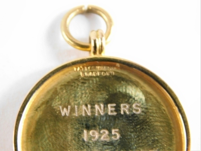 A 9ct gold and enamel cricket medal, centred with a shield and raised W. R. W. Cricket Council John Hoyle Cup, and verso WINNERS 1925 E. HOYLE, 4cm high, 6.9g all in. (cased) - 3