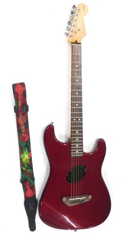 A Fender Stratocaster Acoustasonic Series guitar, 6 string, in red, 97cm long. (in outer case)