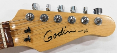 A Godin Model SD American electric guitar, six string, in blue and cream 100cm long., in outer Godin case. - 2