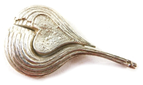 A Georg Jensen Danish silver brooch, formed as a heart in two parts, with brushed detail, stamped 925 S Denmark and bearing the initials NP, 25g, 7cm diameter. (boxed)