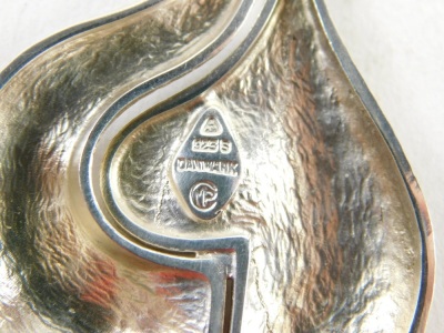 A Georg Jensen Danish silver brooch, formed as a heart in two parts, with brushed detail, stamped 925 S Denmark and bearing the initials NP, 25g, 7cm diameter. (boxed) - 2