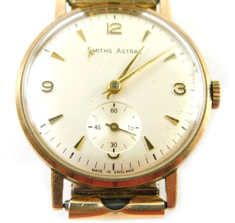 A Smiths Astral wristwatch, with yellow metal watch head bearing inscription British Railways WL Mager in appreciation of 45 years service, with silver numeric dial and seconds dial, 3cm diameter, yellow metal unmarked, on expanding plated strap, 54.5g al