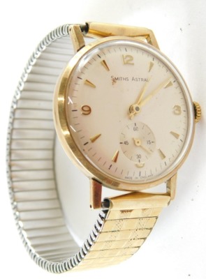 A Smiths Astral wristwatch, with yellow metal watch head bearing inscription British Railways WL Mager in appreciation of 45 years service, with silver numeric dial and seconds dial, 3cm diameter, yellow metal unmarked, on expanding plated strap, 54.5g al - 2