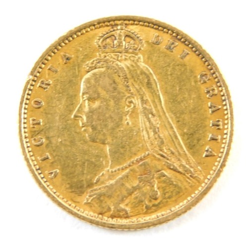 A Victorian shield back half gold sovereign, dated 1892, 5.4g.