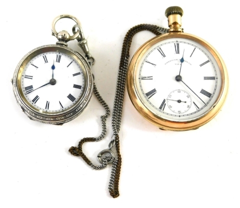 An early 20thC open faced fob watch, with 3cm diameter Roman numeric dial, in engine turned case with vacant cartouche, and a gold plated open faced pocket watch with Roman numeric dial. (2)