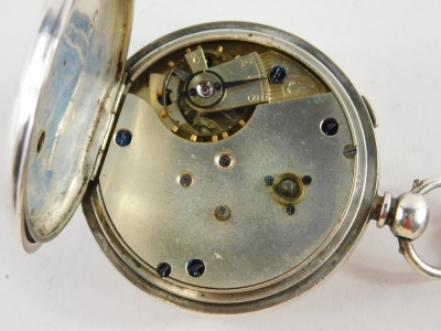 A Victorian silver open faced chronograph, with 4cm diameter Roman numeric and Arabic dial, in a plain case with vacant cartouche attached to an oval watch chain with fob, 1907 SF Plunging, Brambly Swimming Club, 5oz all in. - 3