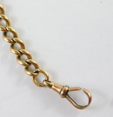 A curb link watch chain, with clip and T bar, yellow metal, unmarked, 35cm long, 37.8g - 3