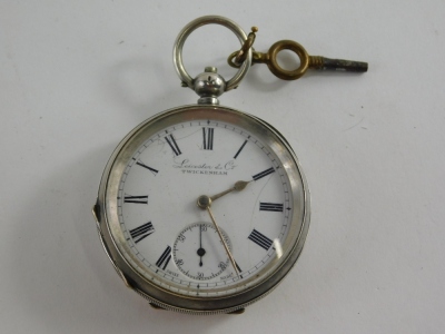 An early 20thC open faced pocket watch, with 5cm diameter Roman numeric dial and subsidiary Arabic second hand, in partially engine turned case with vacant cartouche, marked 0.935, and numbered 452445, with key, 3.5oz all in. - 3