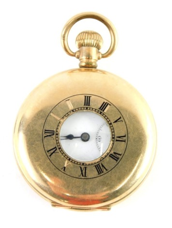 A Star Dennison gold plated half hunter pocket watch, the outer case with black enamel Roman numerals, white ceramic dial with blue hands and seconds counter numbered 965485.