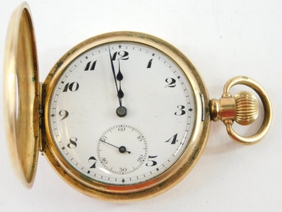 A Star Dennison gold plated half hunter pocket watch, the outer case with black enamel Roman numerals, white ceramic dial with blue hands and seconds counter numbered 965485. - 2