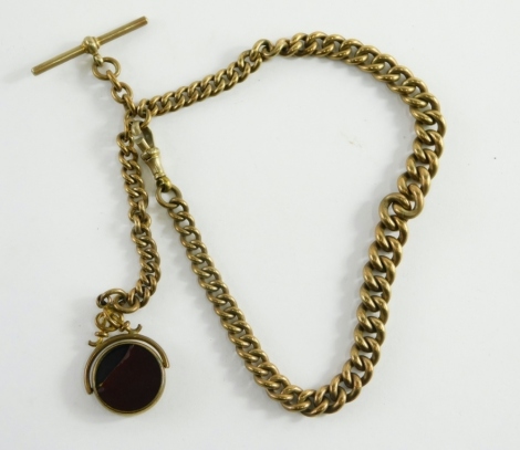 A gold plated watch chain, with curb links, T-bar and clip, with a swivel agate fob, the chain 40cm, the fob 4cm high. (AF)