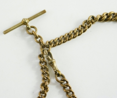 A gold plated watch chain, with curb links, T-bar and clip, with a swivel agate fob, the chain 40cm, the fob 4cm high. (AF) - 3