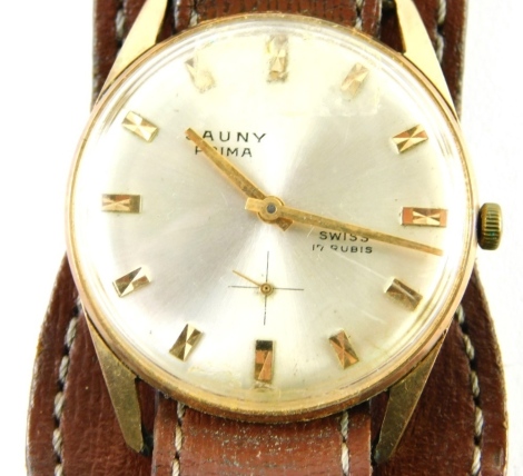 A Cauny Prima gentleman's wristwatch, with Cauny 17 jewel movement, in gold plated and stainless steel case, serial no. 315-11926-81, on a leather cuff bracelet.