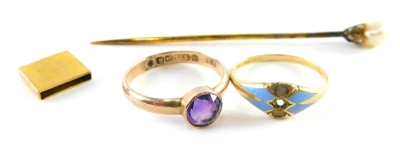 Three items of jewellery, comprising a 9ct gold and amethyst dress ring, ring size I, a yellow metal and enamel gypsy ring, unmarked, ring size I½ and a cultured pearl and paste stone set pin, 4.1g all in. (3)