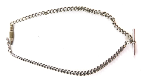 A double watch chain, with two curb links, T-bar and clip, white metal stamped 925, 48cm long, 53.2g all in.