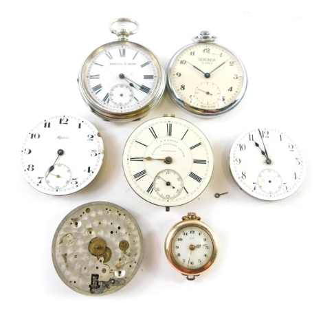 An early 20thC open faced pocket watch, with 4cm diameter Roman numeric dial, marked Kendall and Dent, with subsidiary Arabic second hand in a part engine turned case with vacant cartouche, marked 0.800, 6cm high, a Sekonda eighteen jewel silver plate poc