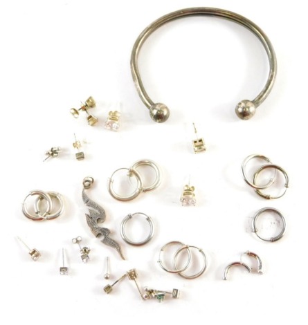 A group of silver and other jewellery, comprising hoop earrings, bangles, pendants, etc., some stone set, 42.7g all in.