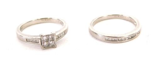 Withdrawn Pre-sale By Vendor A platinum two piece ring set, comprising a square head ring set with four small diamonds, flanked by six diamonds to the shank, and another with an arrangement of small diamonds, each size M, 8.3g all in, cased.