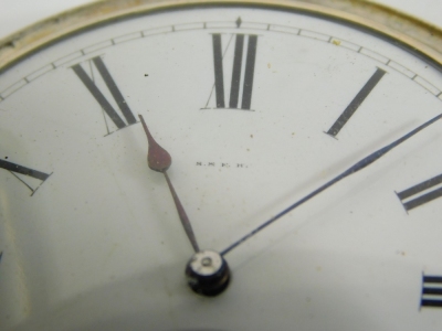 An early 20thC hunter pocket watch, marked Fine Silver, in engine turned case with vacant cartouche, with 6cm Roman numeric dial and subsidiary Arabic second hand, with key wind movement. - 2