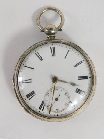 A Victorian silver open faced pocket watch, with 4cm diameter Roman numeric dial with subsidiary Arabic second hand, in a plain case with vacant cartouche, Chester 1872, 3.5oz all in.