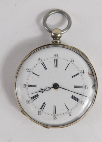 A 20thC open faced pocket watch, with Roman numeric and Arabic dial, gilt coloured pointers, with 4cm diameter enamel face, in plain case with vacant cartouche, key wind movement, white metal, 7cm high.