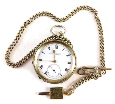 An early 20thC open faced pocket watch, the 5cm diameter dial marked Acme Lever H. Samuel Manchester, with Roman numeric dial and subsidiary second hand, in engine turned case with vacant cartouche, marked 925, keywind movement, with silver Albert watch c