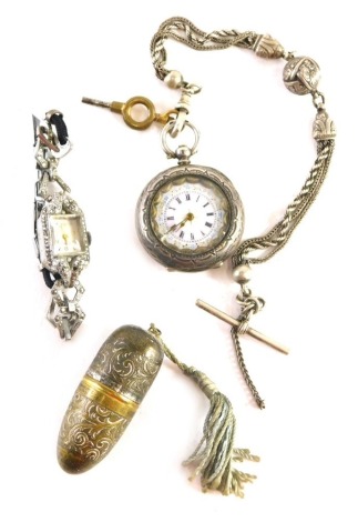 Silver and other jewellery trinkets, comprising a silver fob watch, in gold case, with white ceramic dial with pink border and flower design, on a plated filigree strap, a needle case and a ladies marcasite wristwatch. (3)