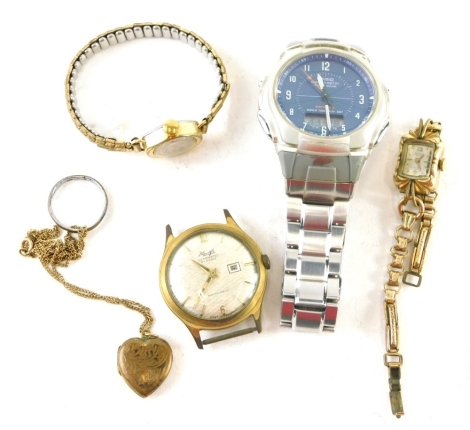 Dress watches, comprising a Casio Wave Sector gentleman's wristwatch, a Timex plated ladies wristwatch, an Awesome ladies wristwatch and a Kiemgle automatic wristwatch, dress ring and locket. (a quantity)