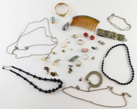 A group of costume jewellery, comprising thimbles, brooches, comb, necklace, etc. (a quantity)