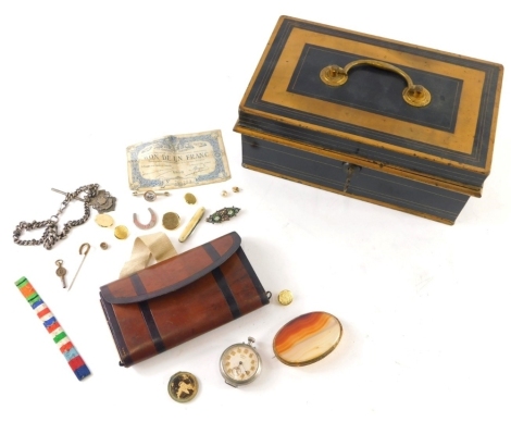 A cash tin containing a quantity of various jewellery, graduated silver watch chain, fob, micro mosaic brooch, 4cm wide, further brooch, etc. (a quantity)