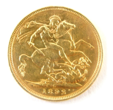 A Victorian gold full sovereign, 1892.