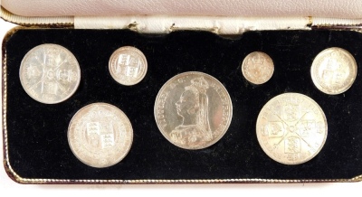 A Victorian jubilee silver coin set 1877, crown, etc. (7 coins, cased)