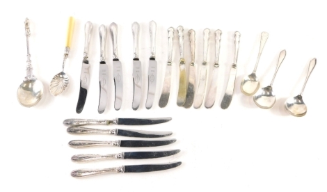 Various cutlery, flatware, etc., an unusual St Morens figural spoon, preserve spoon, silver handled entree knives, other spoons, flatware, etc. (a quantity)