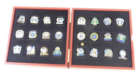 A cased set of Everton Football Club Victory Pin Collection reproduction enamel style badges, in a fitted case, with paperwork, 14cm high, 26cm wide, 26cm deep.