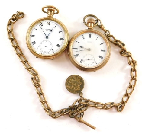 A 20thC gold plated open faced pocket watch, the 5cm diameter Roman numeric dial with subsidiary second hand marked Odling Lincoln, attached to a gold plated heavy link chain with plated fob, and a further gold plated open faced pocket watch.