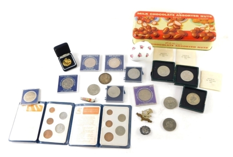 Various coins, a Maria Theresa Thaler type coin, various others, pre decimal sets, Festival of Britain, and others contained in a milk chocolate assorted nuts tin, 25cm wide.