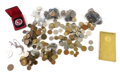 Various coins, low denomination, copper coins, a Castell medallion, 4cm diameter, attached to a slender link chain, various other low denomination, etc. (a quantity)